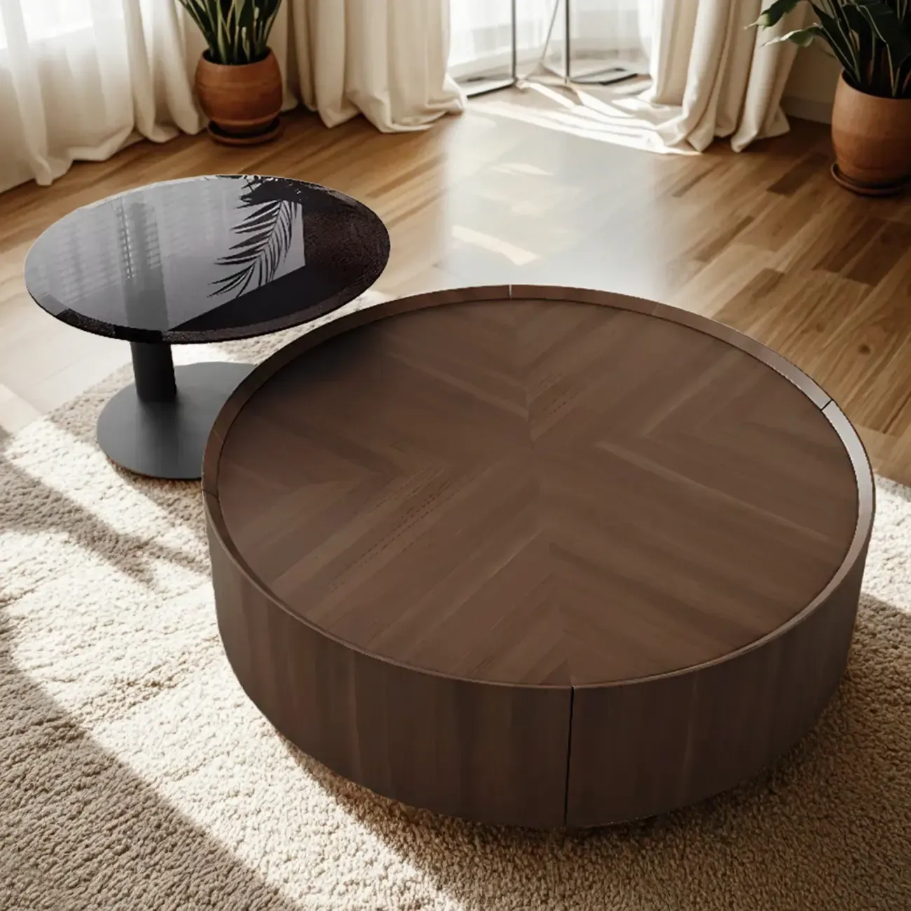 Brown Round Sleek Round Wood Coffee Table with Storage Image - 1