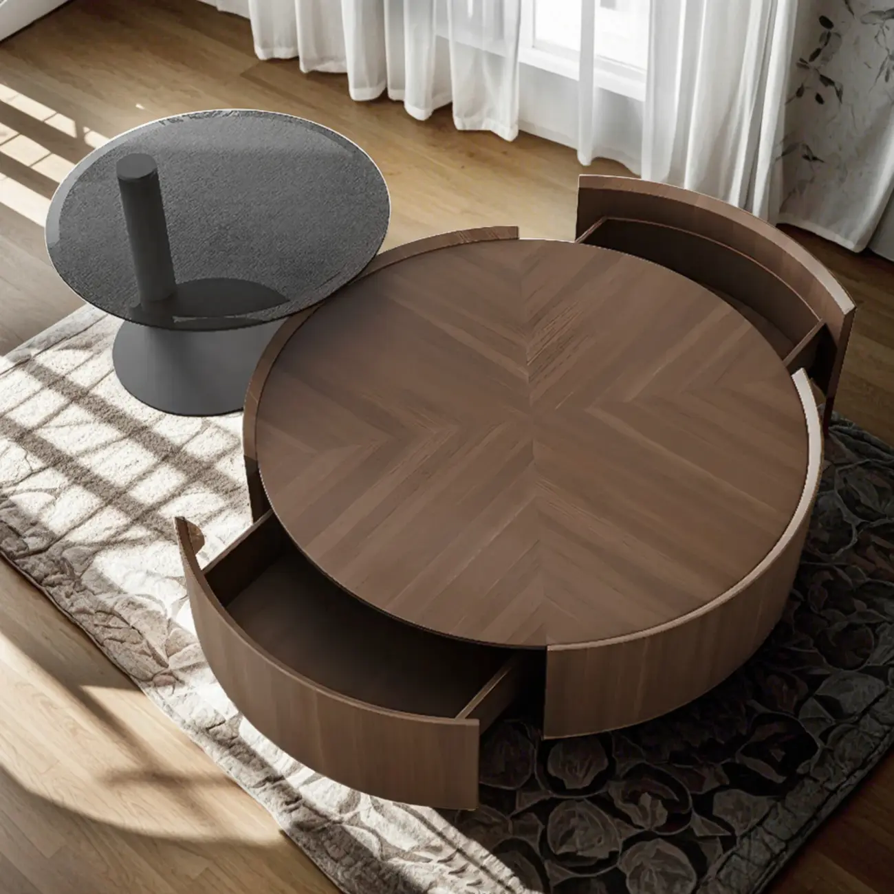 Brown Round Sleek Round Wood Coffee Table with Storage Image - 2 | homeyfad