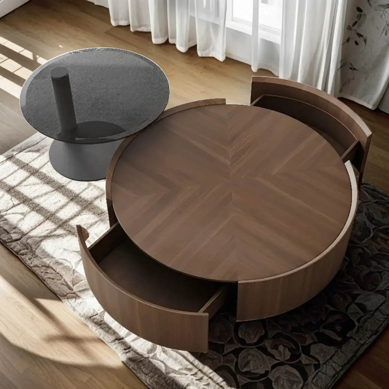 Brown Round Sleek Round Wood Coffee Table with Storage Image - 2