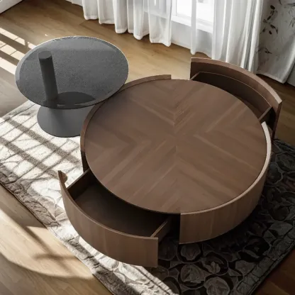 Brown Round Sleek Round Wood Coffee Table with Storage Image - 2