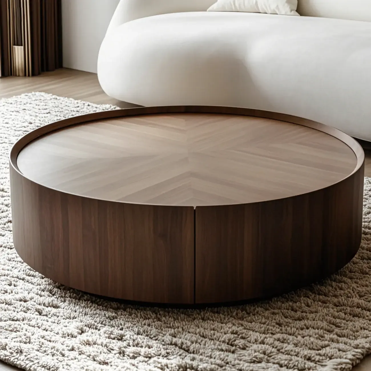 Brown Round Sleek Round Wood Coffee Table with Storage Image - 3