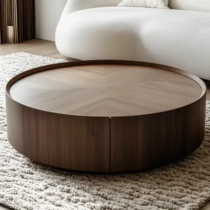 Brown Round Sleek Round Wood Coffee Table with Storage Image - 3