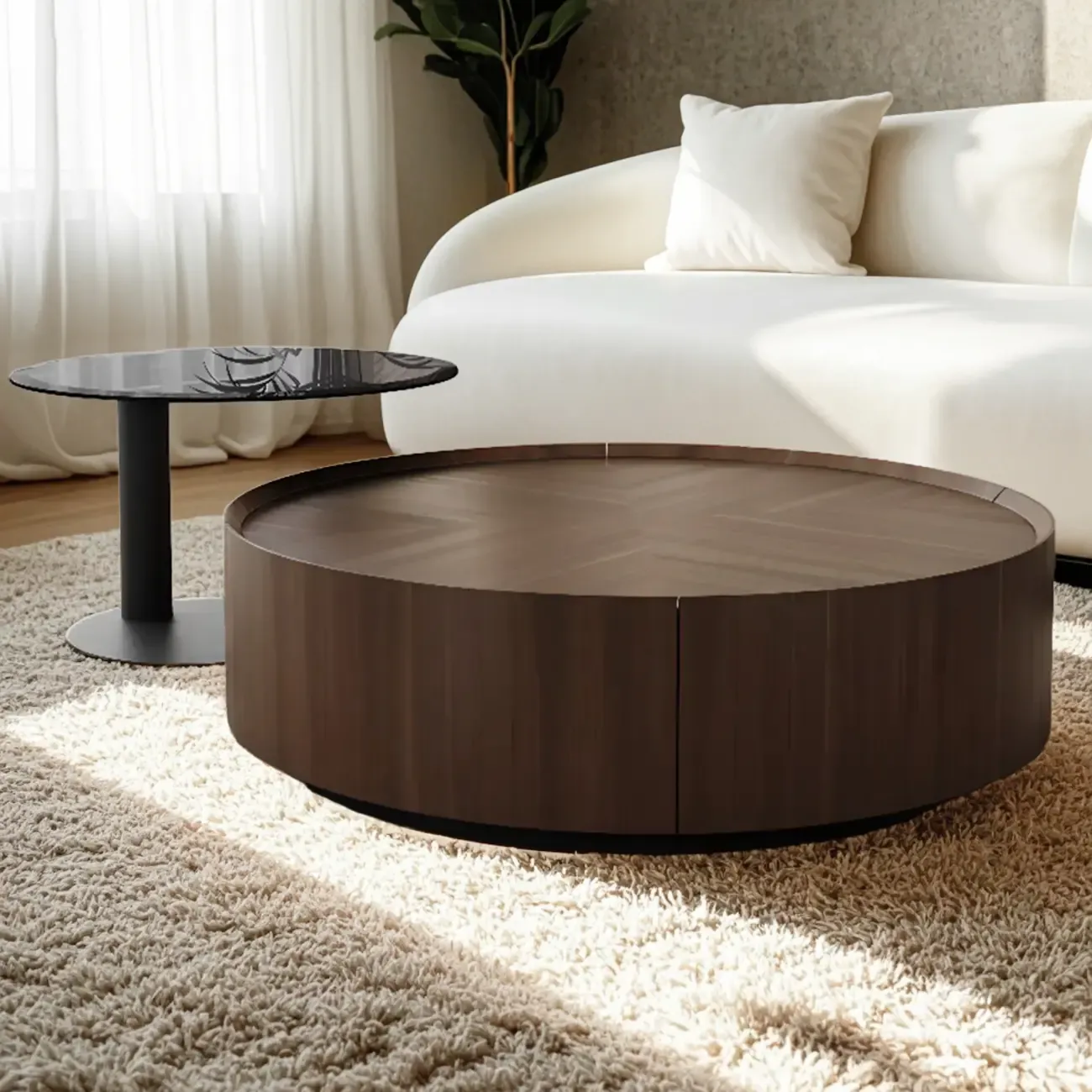 Brown Round Sleek Round Wood Coffee Table with Storage Image - 4