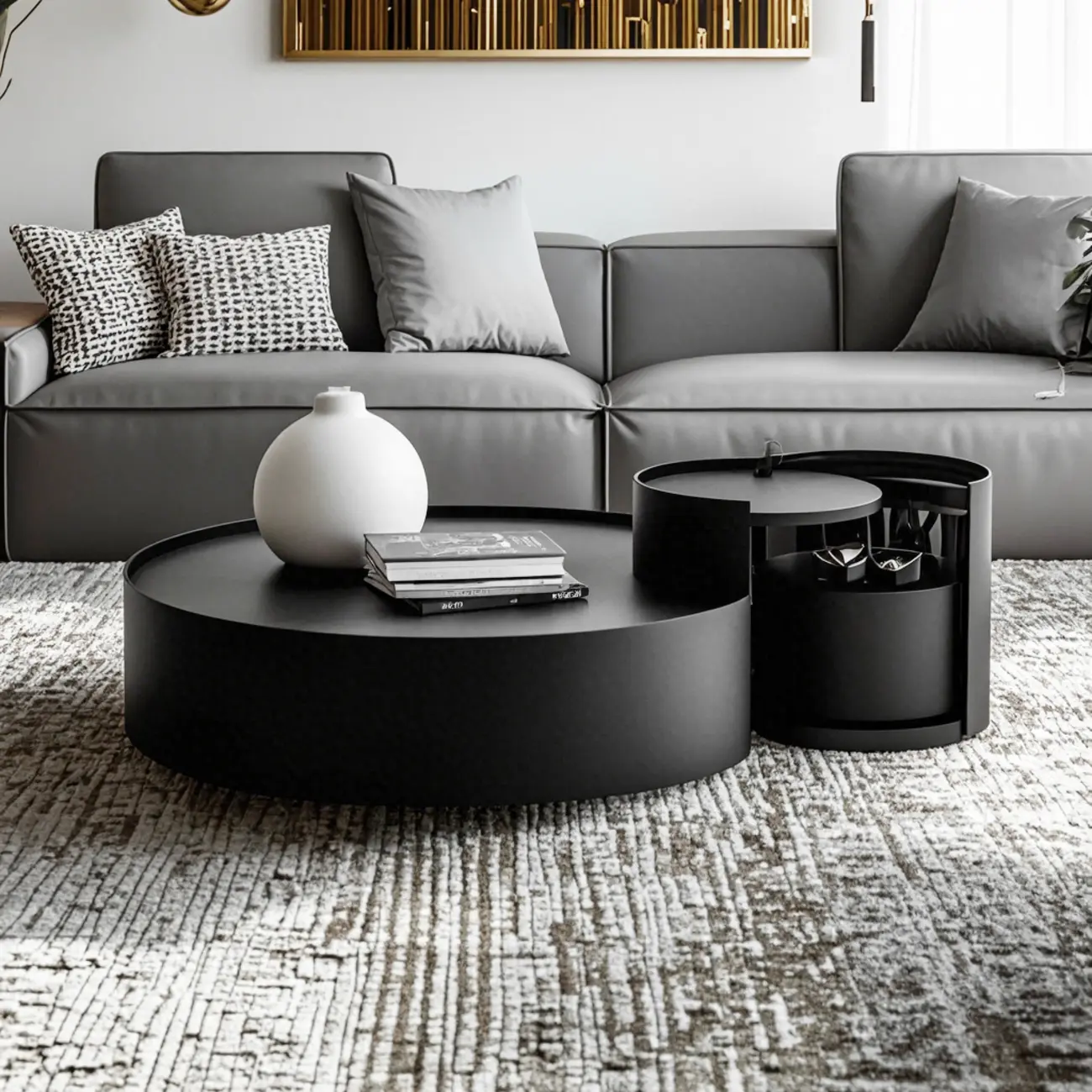 Black Round Modern Nesting Wood Coffee Table with Storage Image - 1 | homeyfad