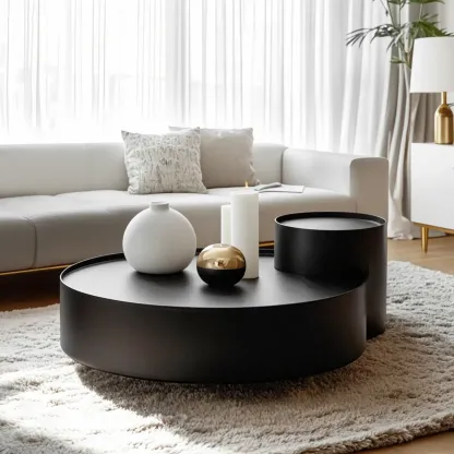 Black Round Modern Nesting Wood Coffee Table with Storage Image - 2