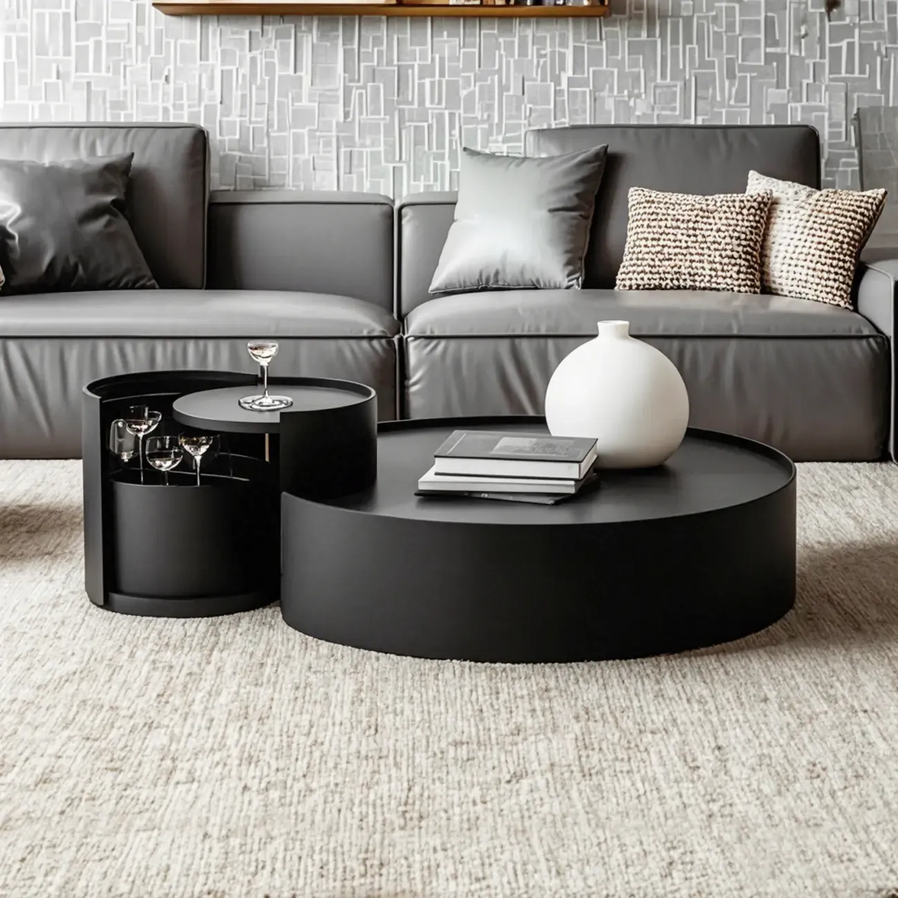 Black Round Modern Nesting Wood Coffee Table with Storage Image - 3