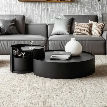 Black Round Modern Nesting Wood Coffee Table with Storage Image - 3