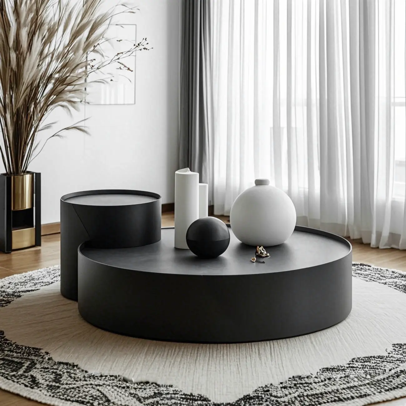 Black Round Modern Nesting Wood Coffee Table with Storage Image - 4 | homeyfad