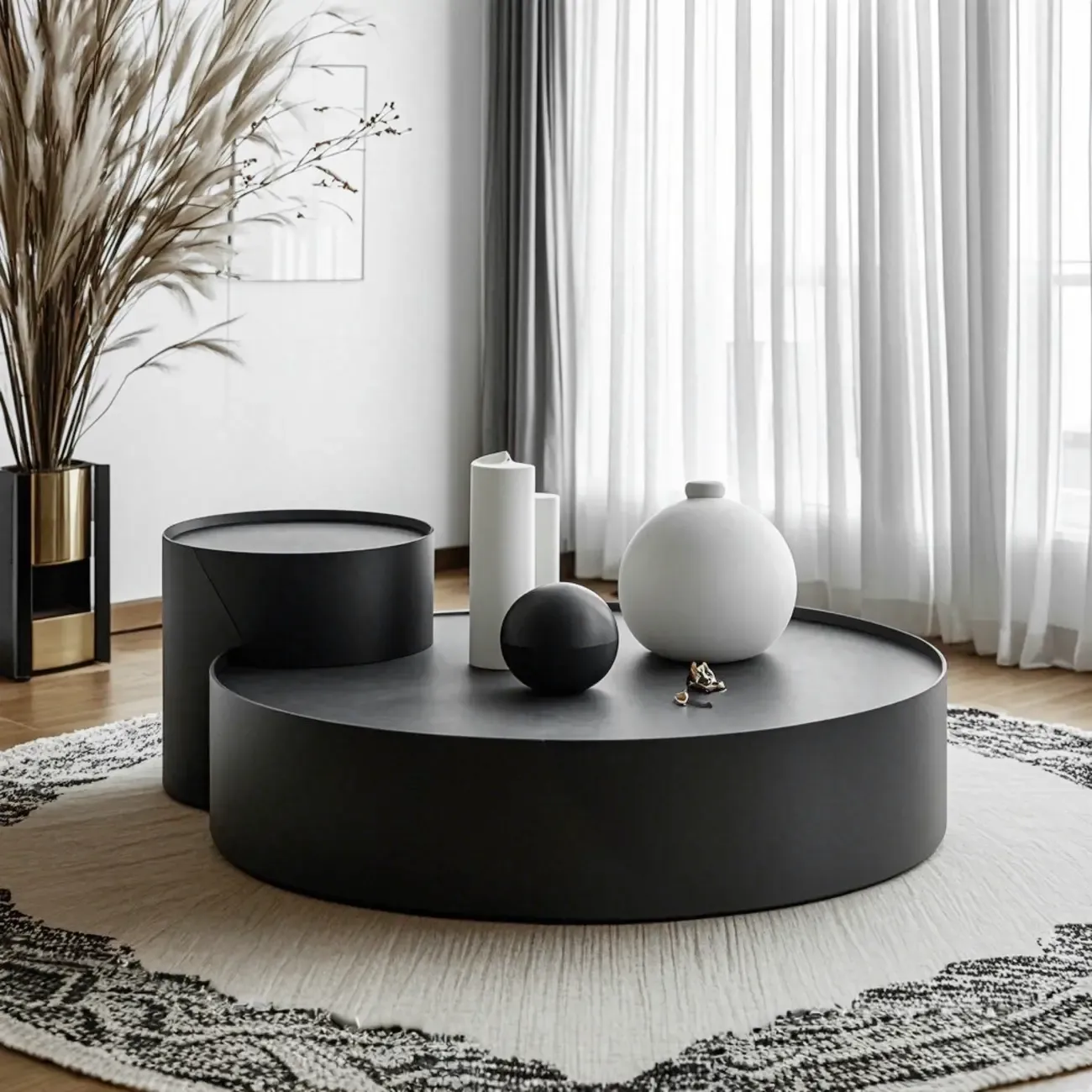 Black Round Modern Nesting Wood Coffee Table with Storage Image - 4