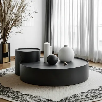 Black Round Modern Nesting Wood Coffee Table with Storage Image - 4