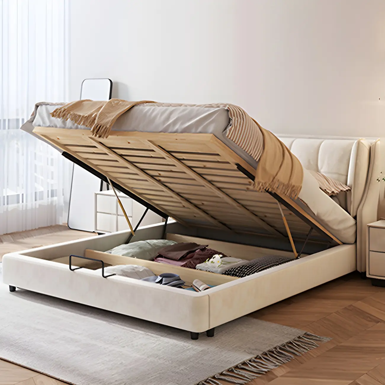 Elegant White Wood Lift-Up Storage Platform Bed Image - 2 | homeyfad