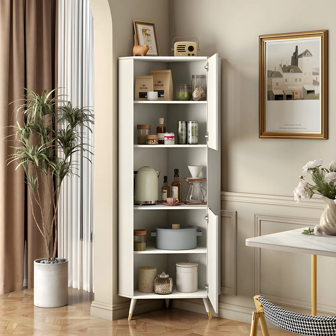 Chic White Wood Corner Cabinet with Open Shelves Image - 3 | homeyfad