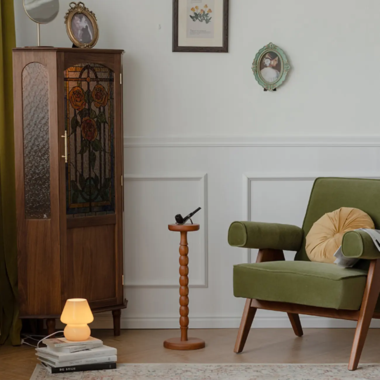 Lighting Included Elegant Walnut Rose Glass Panel Corner Cabinet Image - 3 | homeyfad