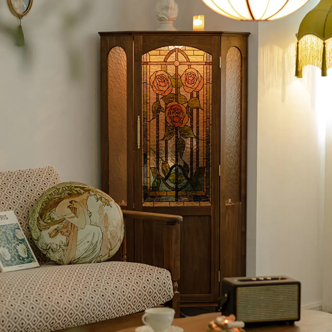 Lighting Included Elegant Walnut Rose Glass Panel Corner Cabinet Image - 1