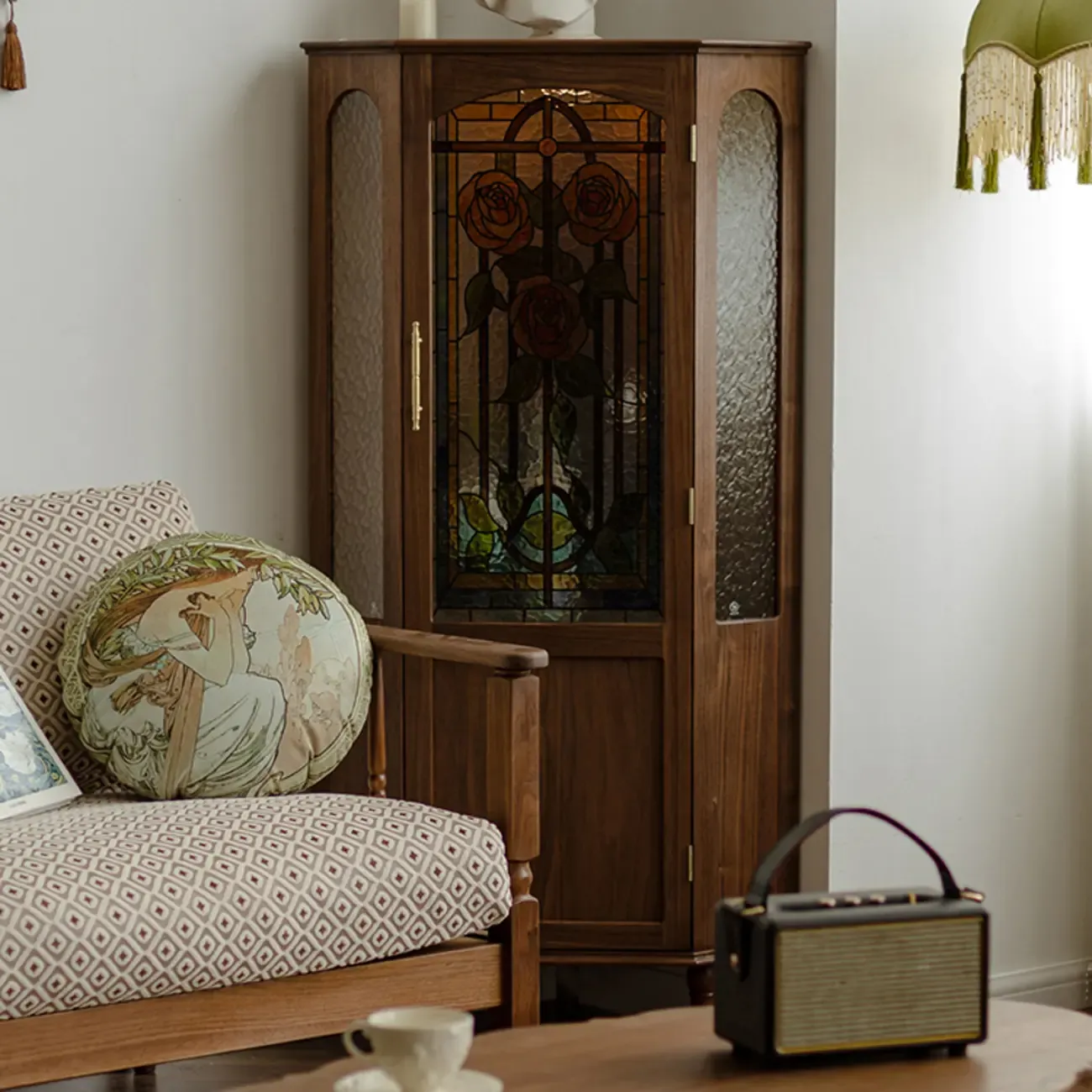 Lighting Included Elegant Walnut Rose Glass Panel Corner Cabinet Image - 4