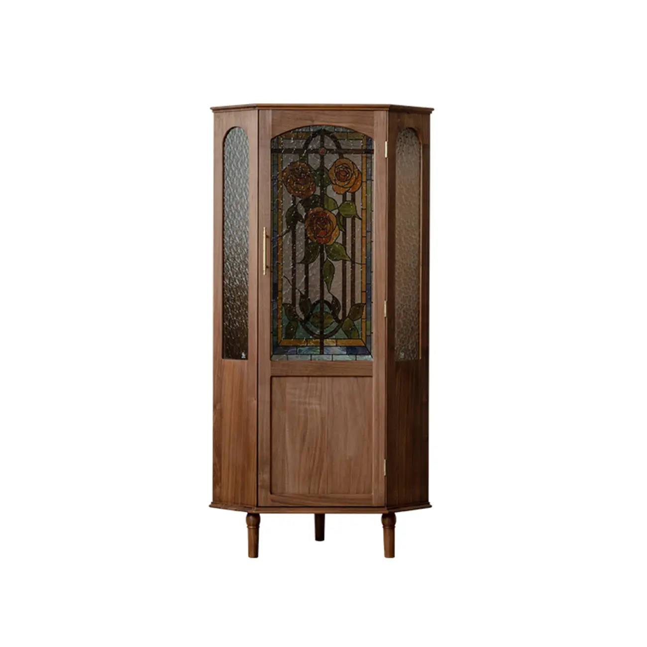 Lighting Included Elegant Walnut Rose Glass Panel Corner Cabinet Image - 5 | homeyfad