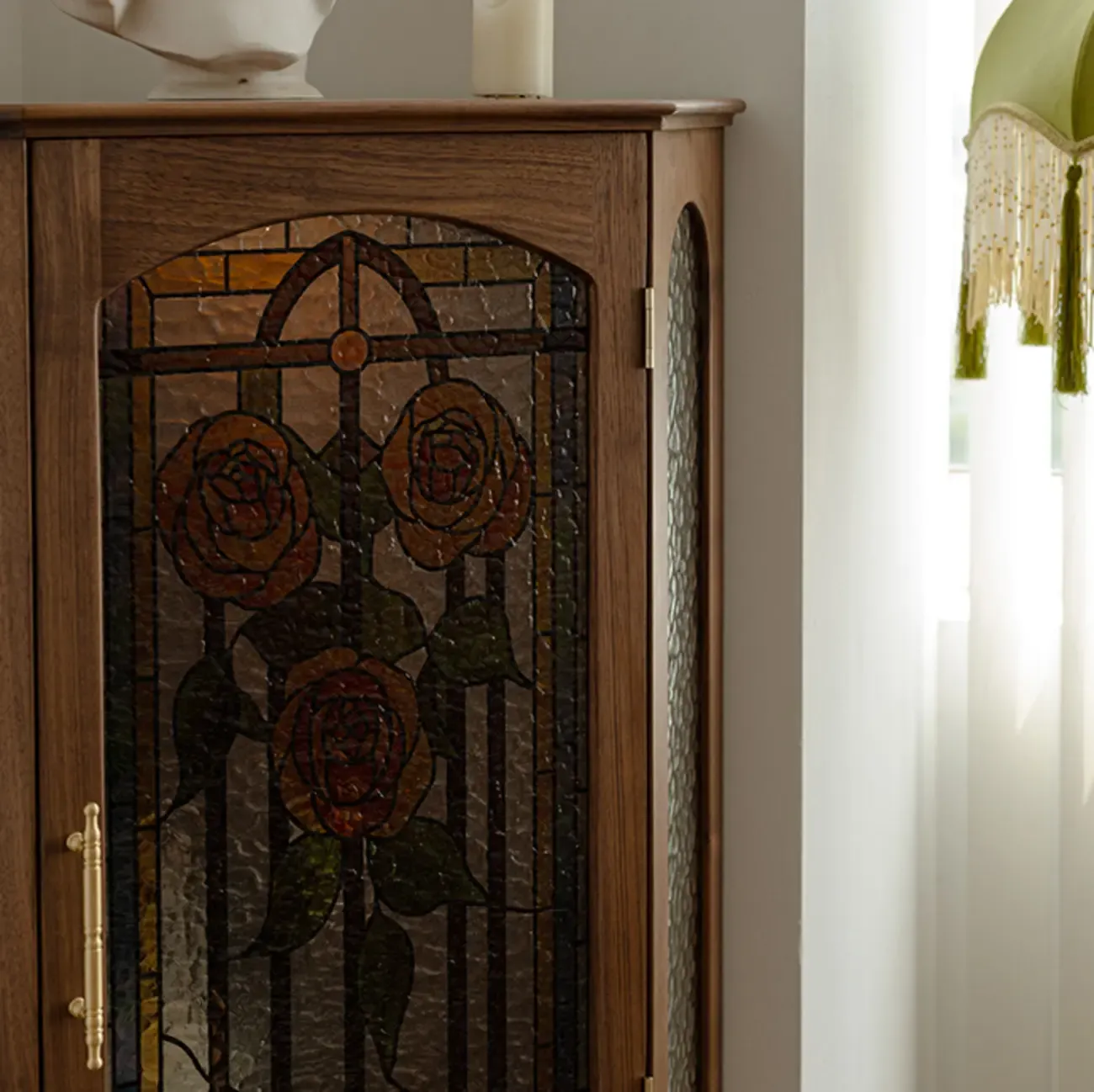 Lighting Included Elegant Walnut Rose Glass Panel Corner Cabinet Image - 8