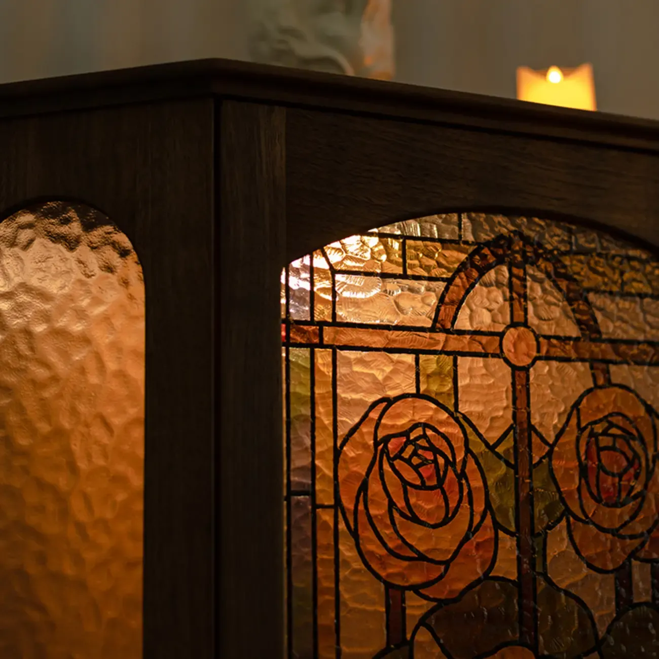 Lighting Included Elegant Walnut Rose Glass Panel Corner Cabinet Image - 9
