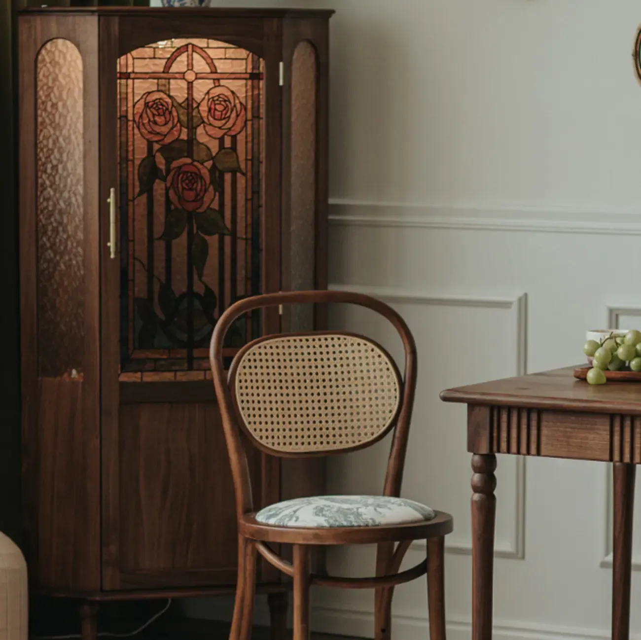 Lighting Included Elegant Walnut Rose Glass Panel Corner Cabinet Image - 10