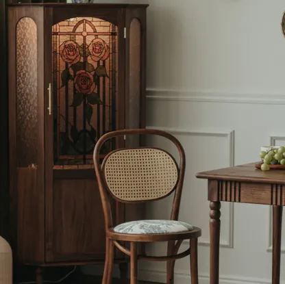 Lighting Included Elegant Walnut Rose Glass Panel Corner Cabinet Image - 10