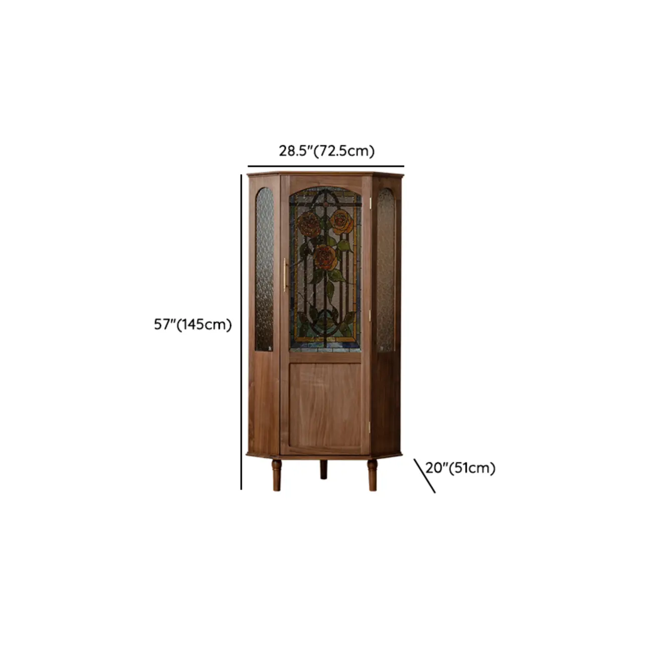 Lighting Included Elegant Walnut Rose Glass Panel Corner Cabinet #size | homeyfad