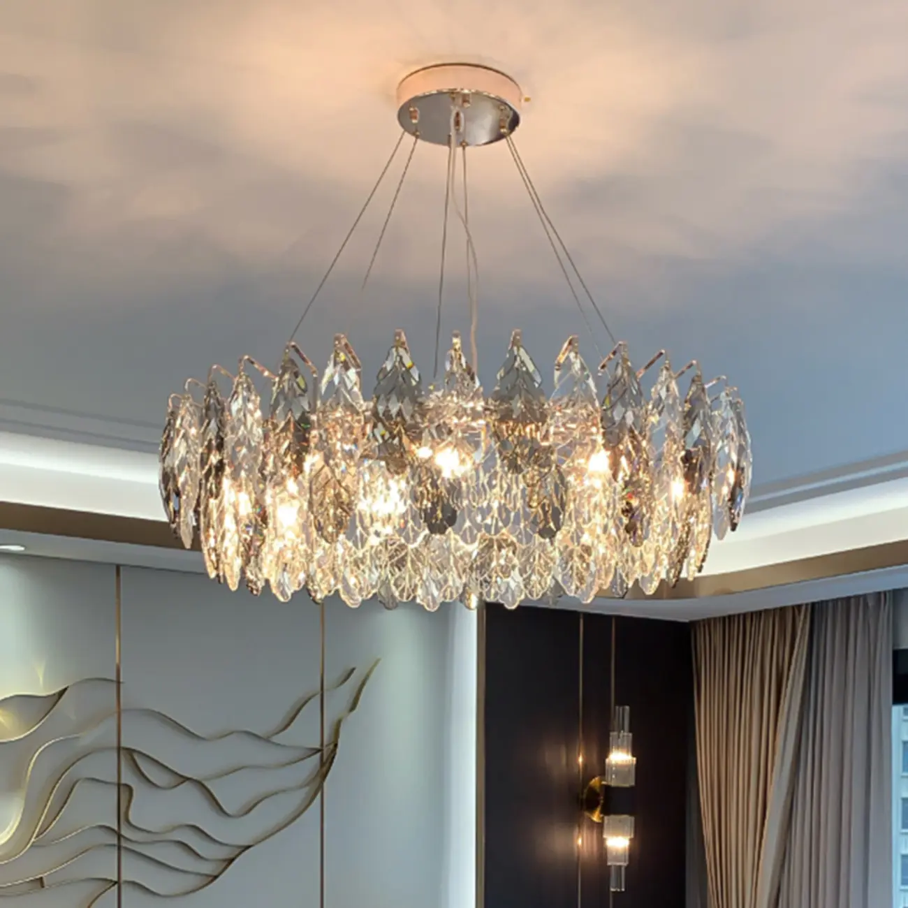 Exquisite Round Multi-light Crystal Leaf Chandelier Image - 14 | homeyfad