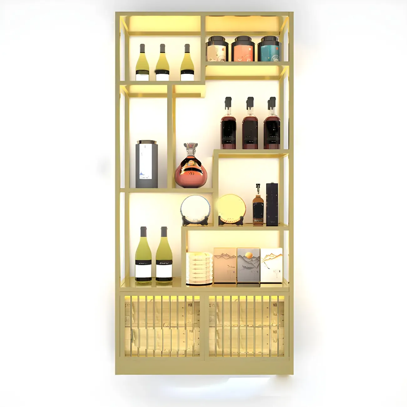 Gold Metal Tall Freestanding Wine Rack with Lighting | HomeyFad