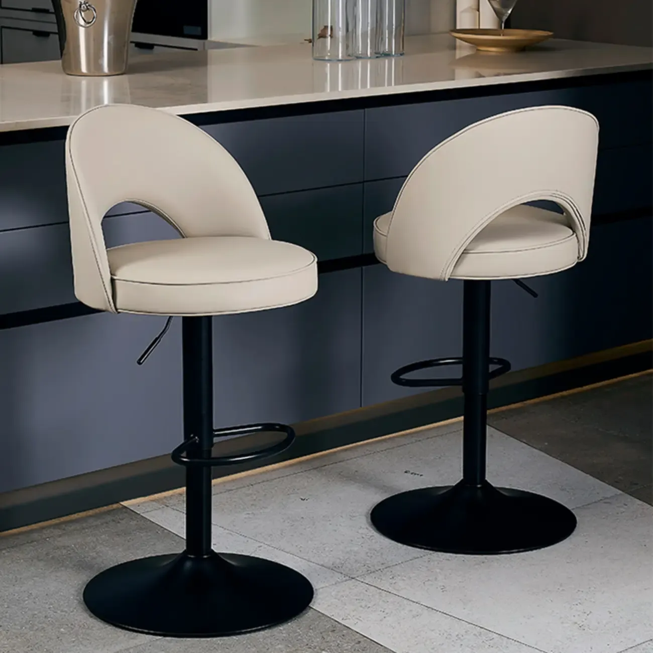 Round Adjustable Faux Leather Swivel Low Back Bar Stools Image - 1