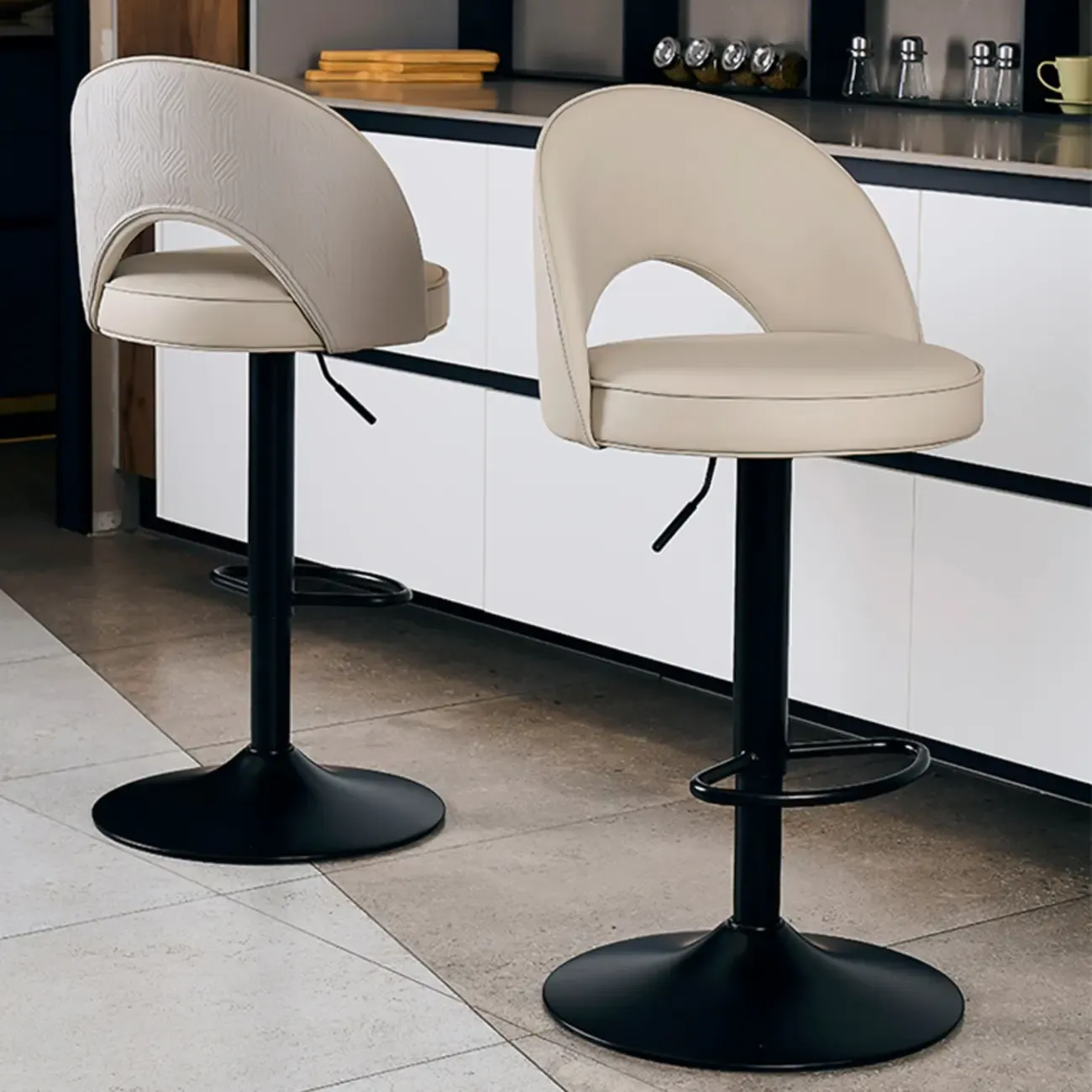 Round Adjustable Faux Leather Swivel Low Back Bar Stools Image - 2