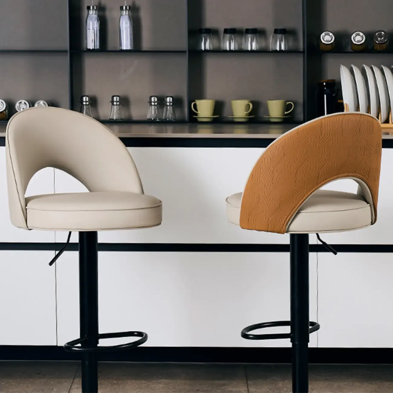 Round Adjustable Faux Leather Swivel Low Back Bar Stools Image - 3