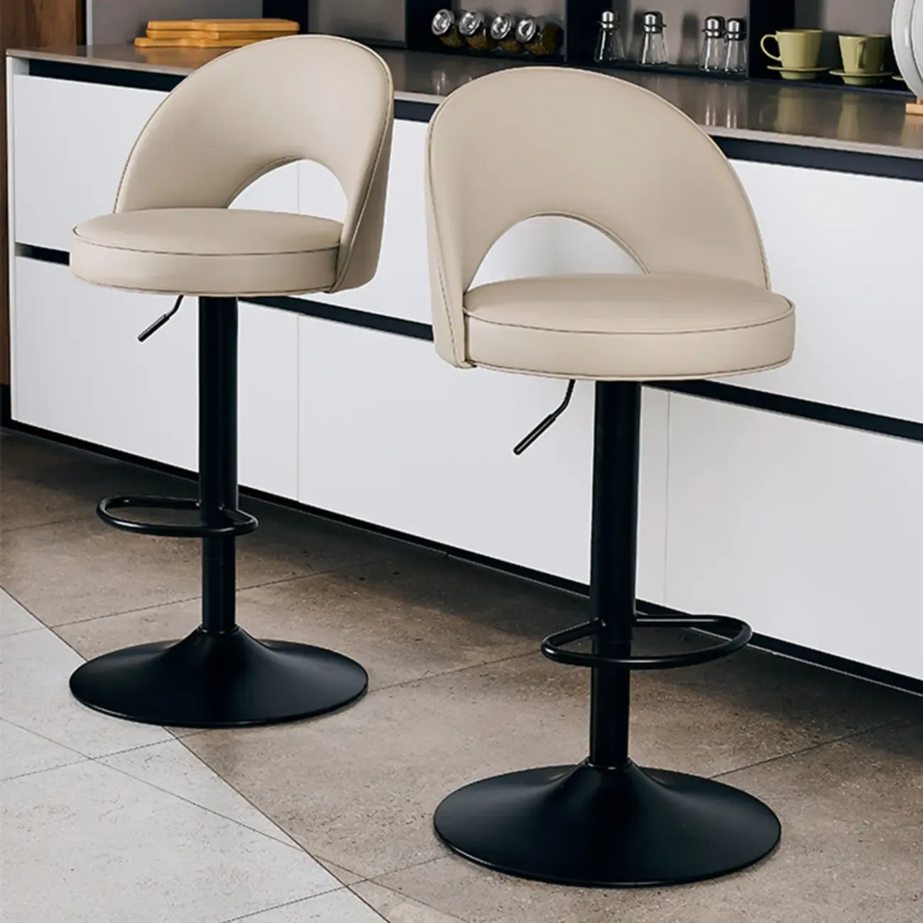 Round Adjustable Faux Leather Swivel Low Back Bar Stools Image - 4