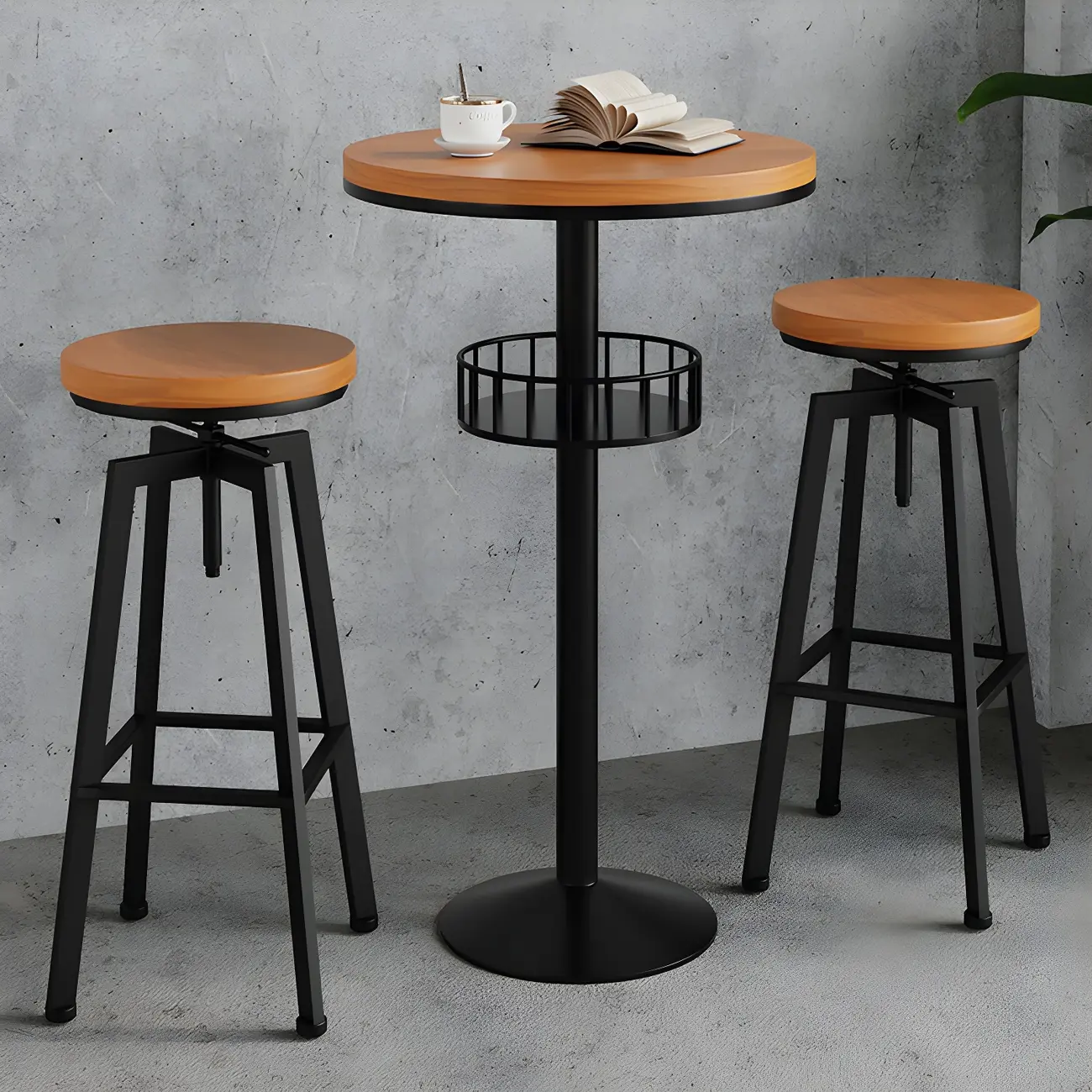 Industrial Natural Wooden Bar Stools with Adjustable Seat Height Image - 2 | homeyfad
