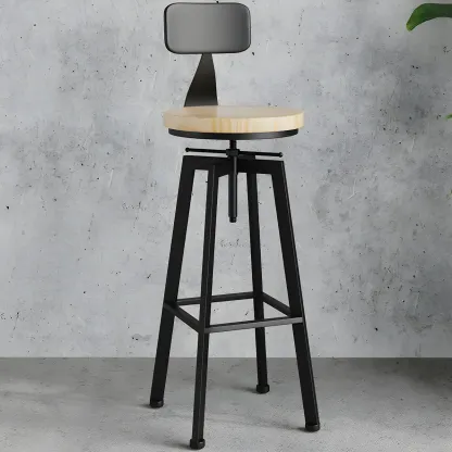 Industrial Natural Wooden Bar Stools with Adjustable Seat Height Image - 3