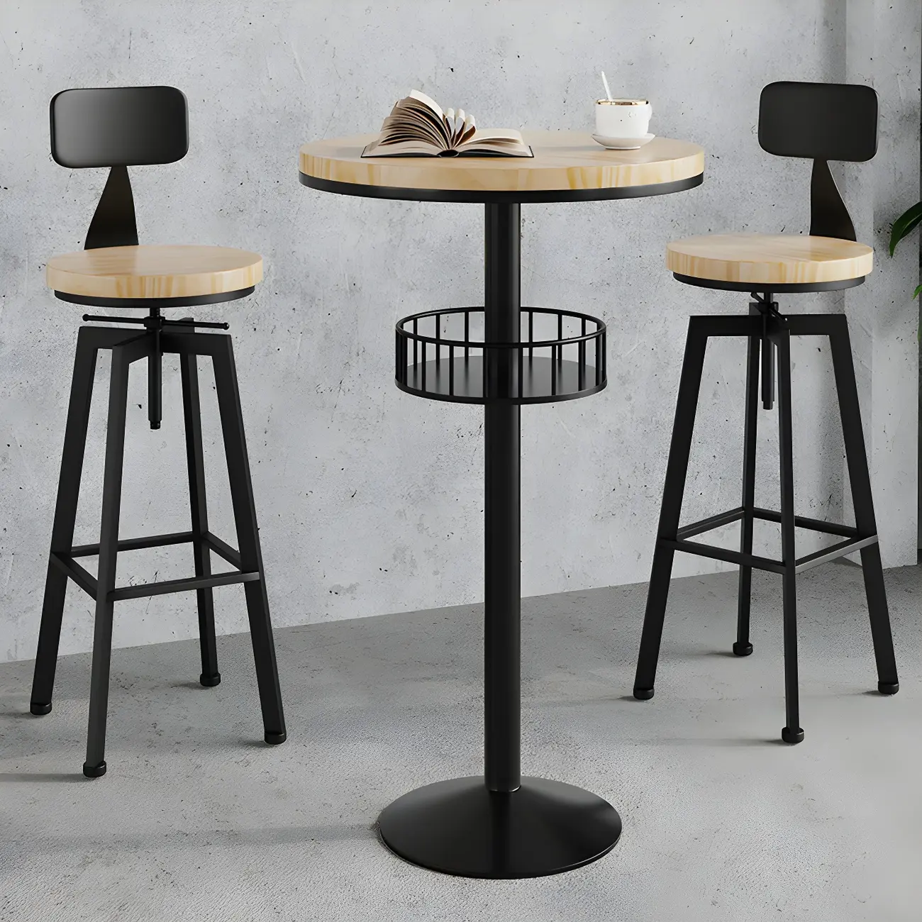 Industrial Natural Wooden Bar Stools with Adjustable Seat Height Image - 1 | homeyfad