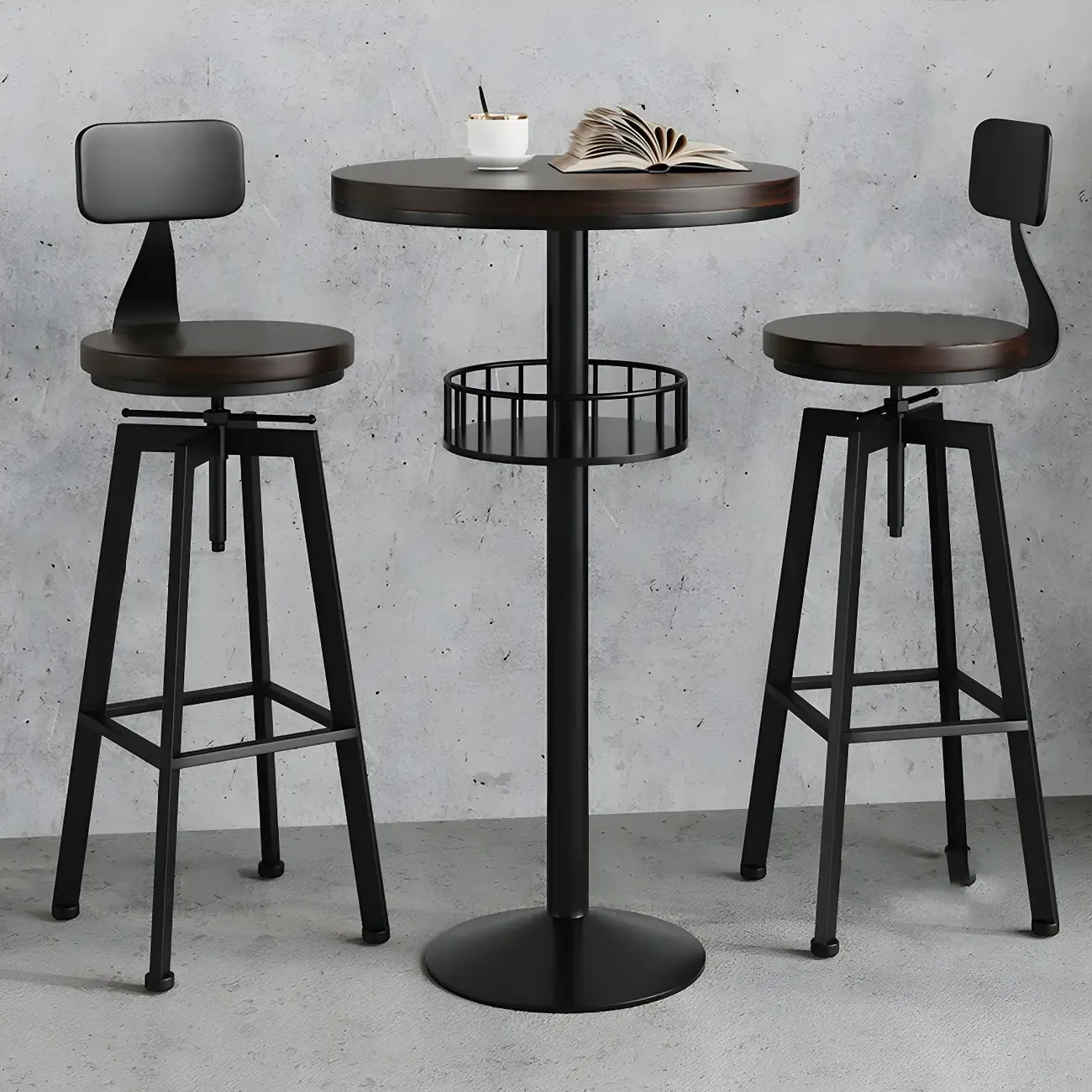 Industrial Natural Wooden Bar Stools with Adjustable Seat Height Image - 12