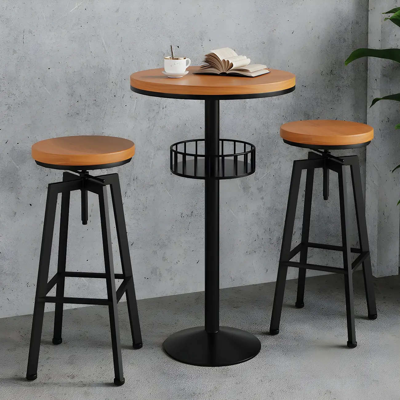 Industrial Natural Wooden Bar Stools with Adjustable Seat Height Image - 14 | homeyfad