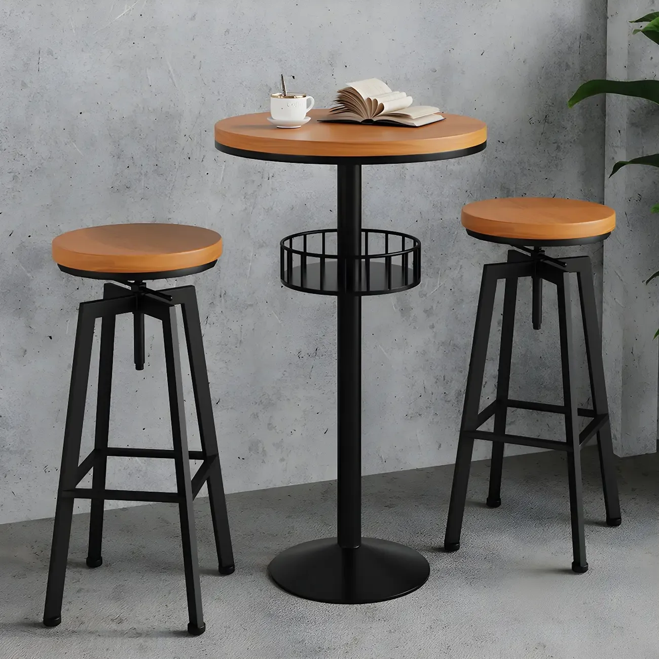 Industrial Natural Wooden Bar Stools with Adjustable Seat Height Image - 14