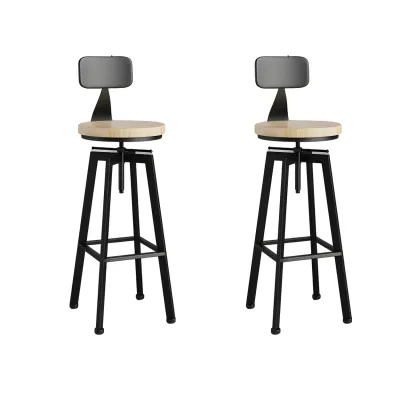 Industrial Natural Wooden Bar Stools with Adjustable Seat Height Image - 24