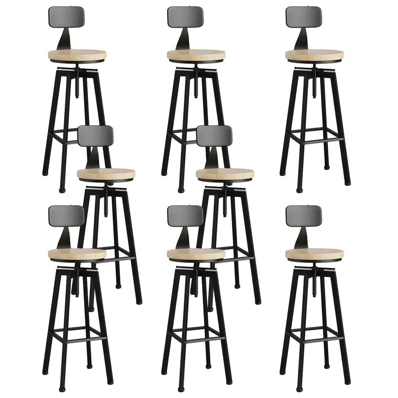 Industrial Natural Wooden Bar Stools with Adjustable Seat Height Image - 25