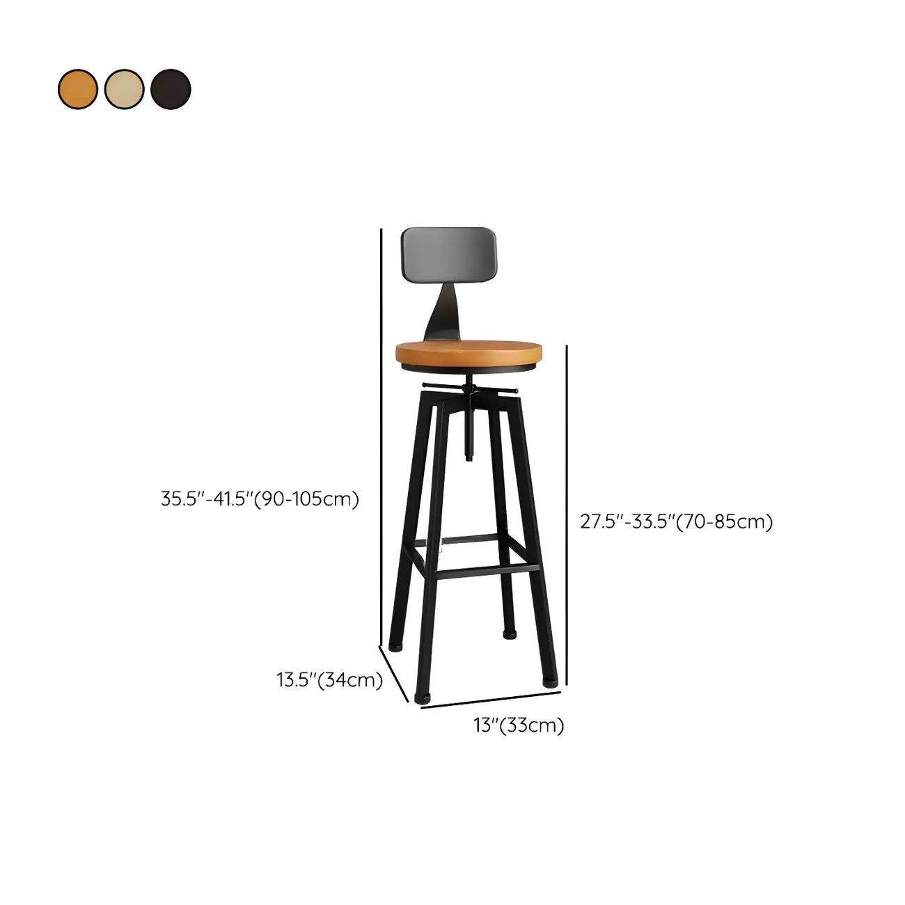 Industrial Natural Wooden Bar Stools with Adjustable Seat Height #size