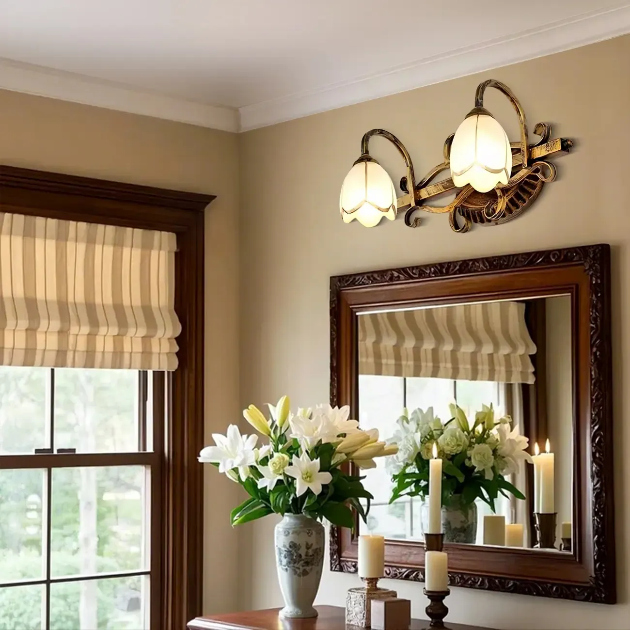Romantic Brass 3 Head Floral Wall Lamp for Bedroom Decor Image - 2