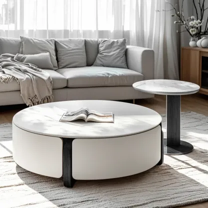White Round Contemporary Drawer Round Wood Coffee Table Image - 1