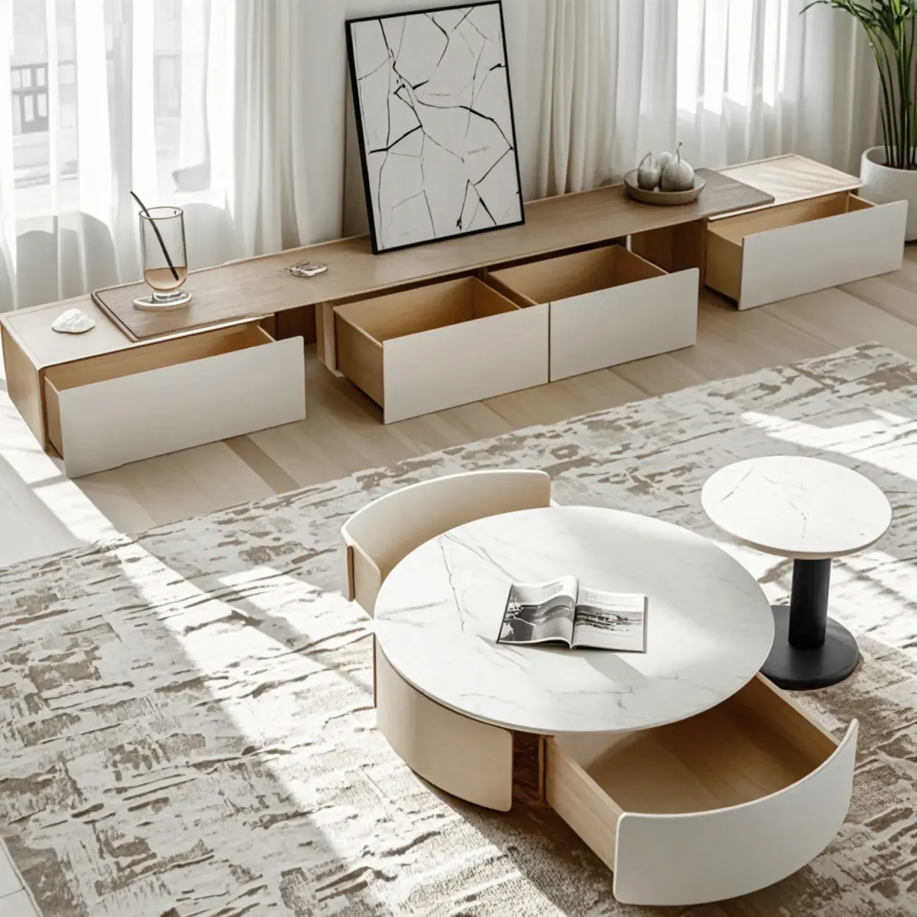 White Round Contemporary Drawer Round Wood Coffee Table Image - 2