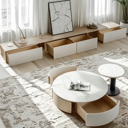 White Round Contemporary Drawer Round Wood Coffee Table Image - 2