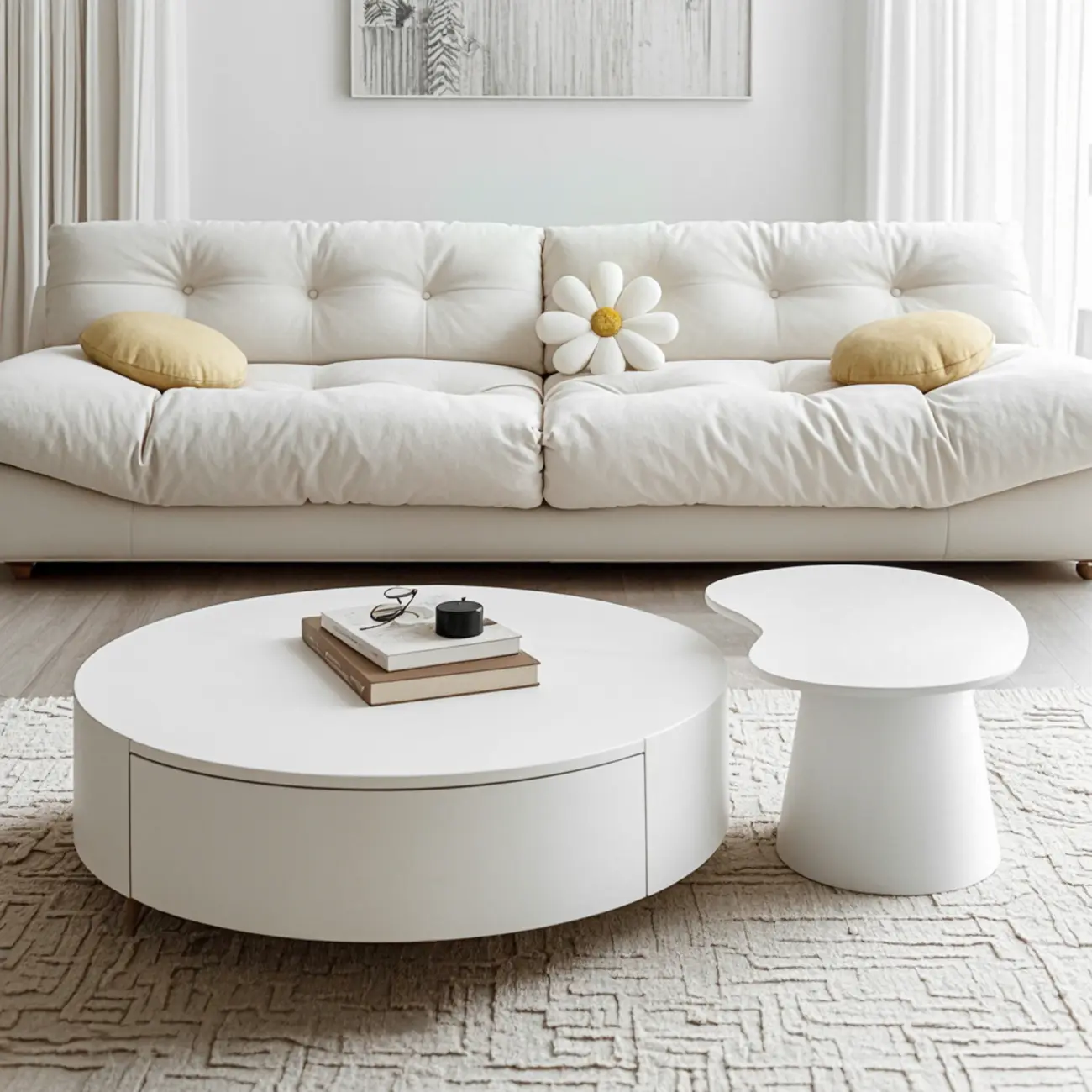 Drum Round White Wood Modern Coffee Table with Storage Image - 1 | homeyfad