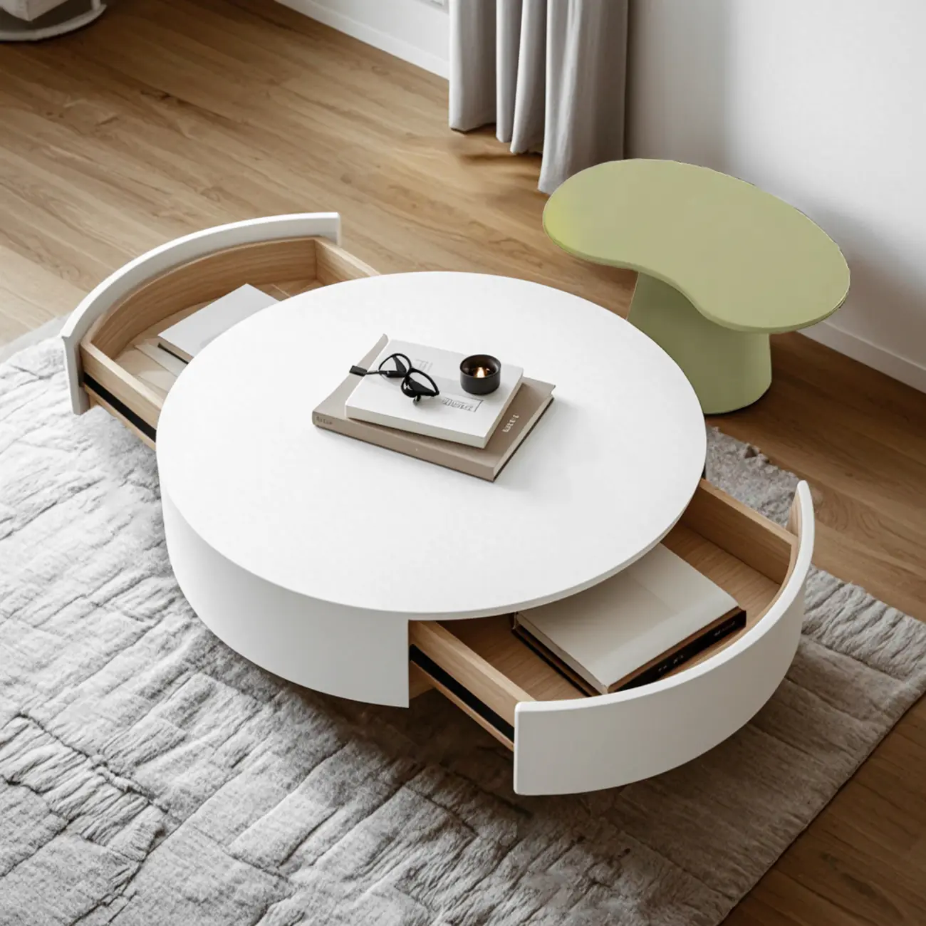 Drum Round White Wood Modern Coffee Table with Storage Image - 2 | homeyfad