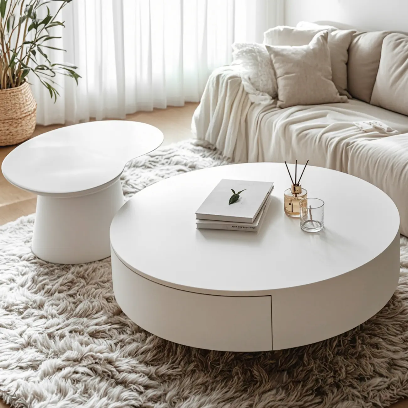 Drum Round White Wood Modern Coffee Table with Storage Image - 3 | homeyfad