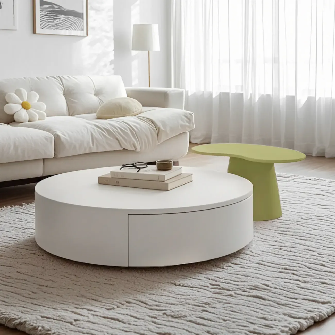 Drum Round White Wood Modern Coffee Table with Storage Image - 4