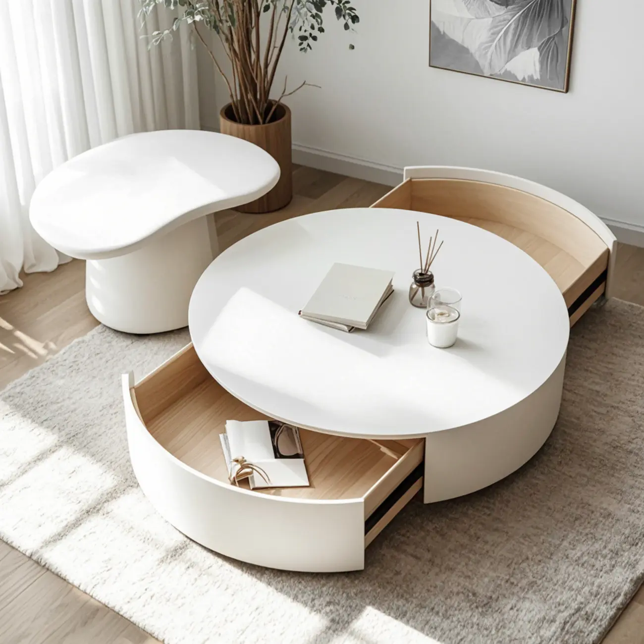 Drum Round White Wood Modern Coffee Table with Storage Image - 6 | homeyfad