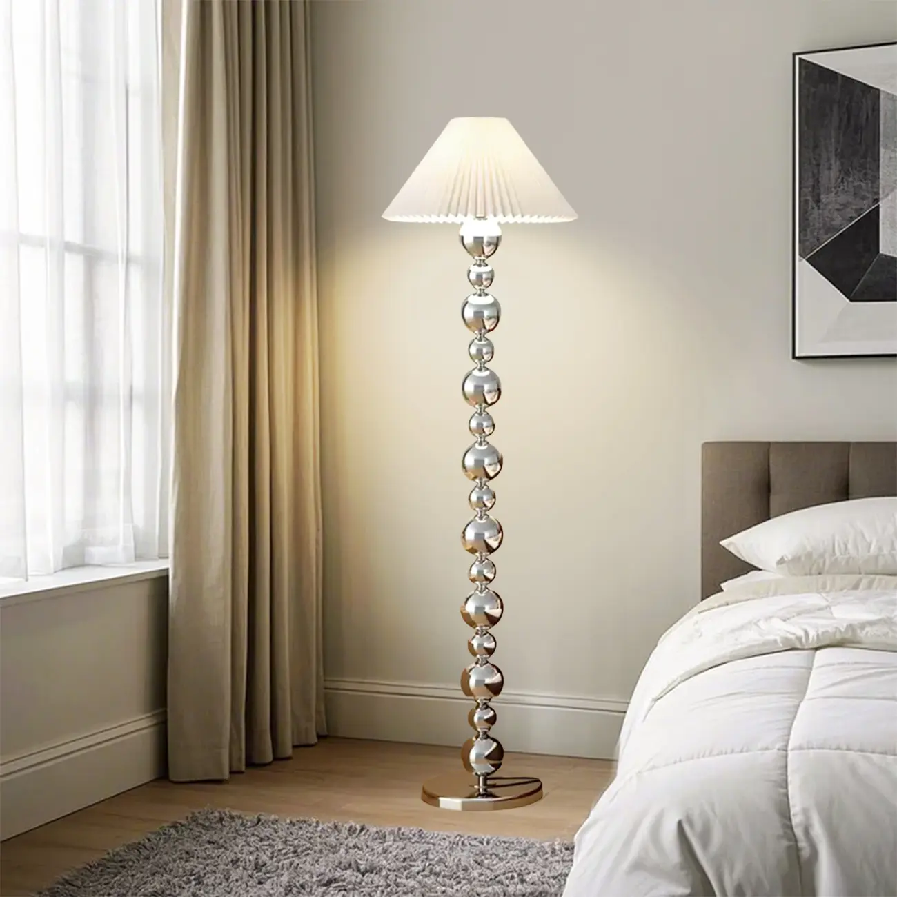 Modern Silver Metal Floor Lamp with Sleek Overlap Bead Design for Bedroom Image - 1 | homeyfad
